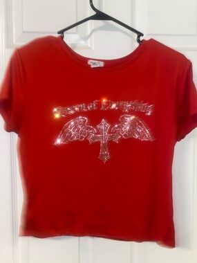 Rue21 Red Short-Sleeve Tee with Rhinestone Wing & Cross Graphic